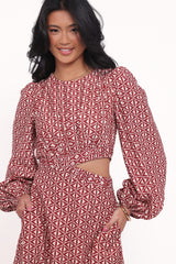 Ginnee Puff Sleeve Cutout Midi Dress - Brown Geo