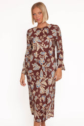 Morena Long Sleeve Midi Dress - Brown Floral