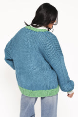 Anige Contrast Trim Cardigan - Blue/Green