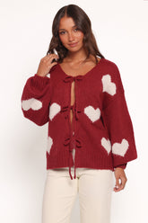 Nadine All Over Heart Tie Front Cardigan - Wine