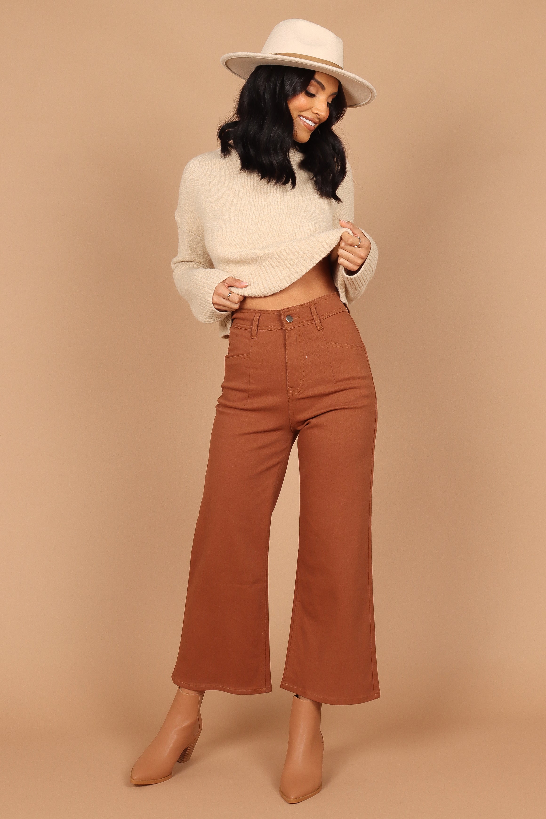 Georgette High Waisted Straight Leg Pants - Brown