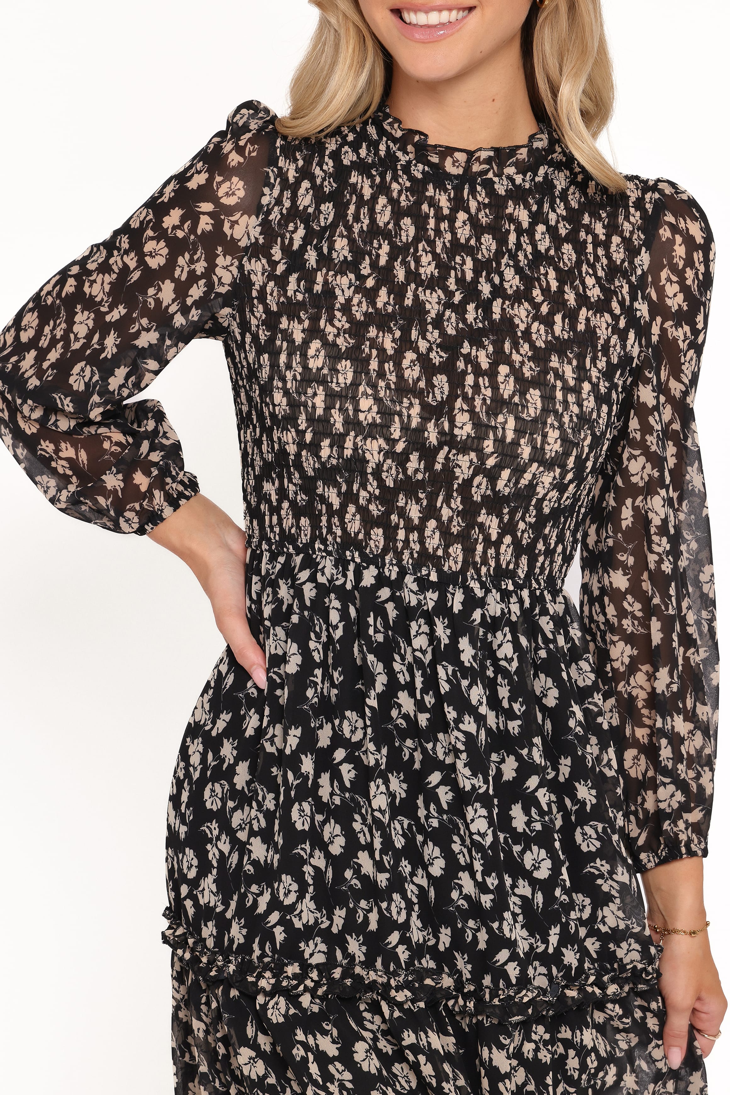 Edwina Shirred Frill Long Sleeve Midi Dress - Black Ditsy Floral