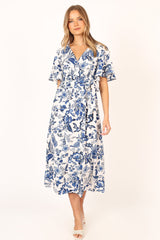 Kaleen Midi Wrap Dress - White Blue