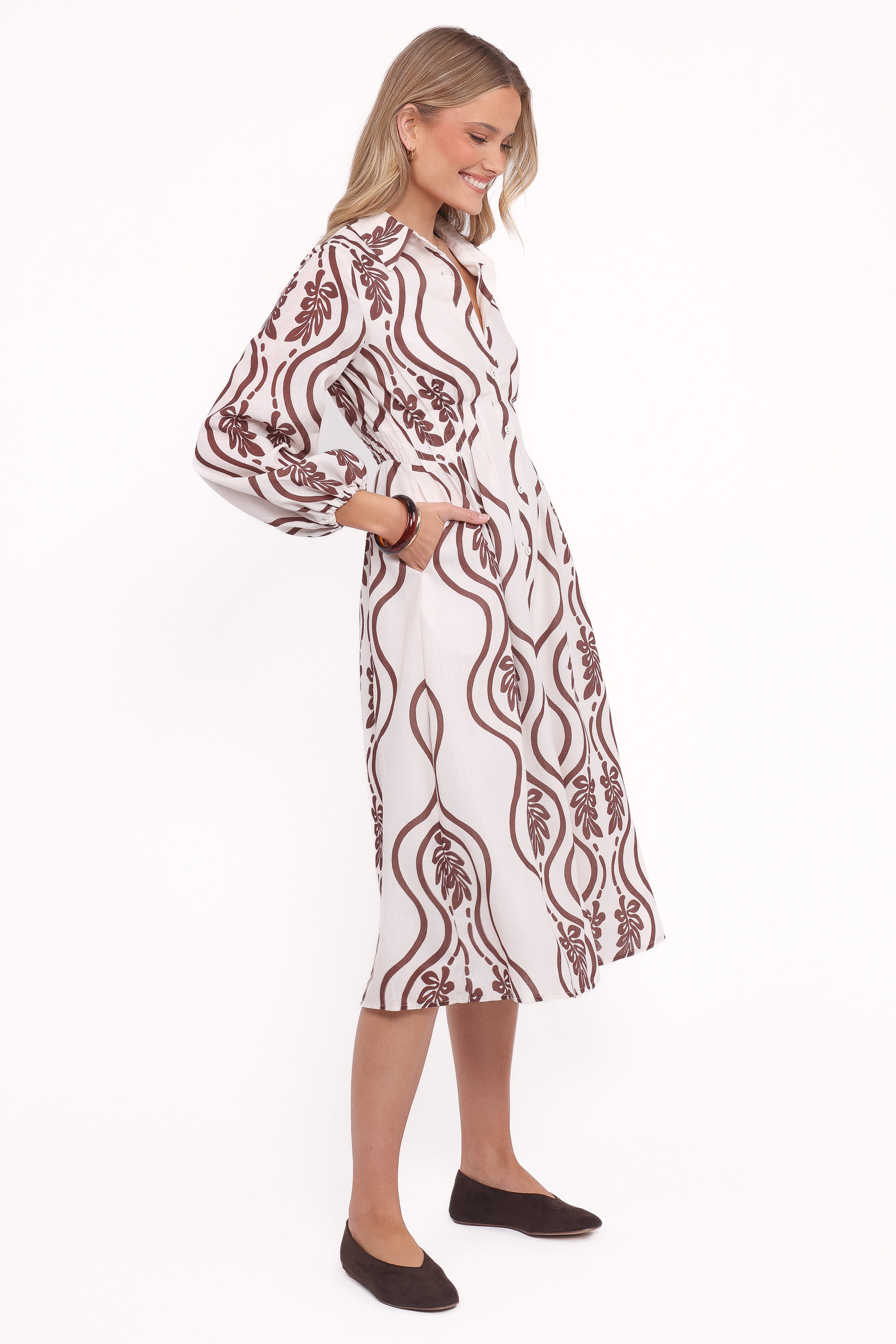 Lira Long Sleeve Midi Dress - Brown Print