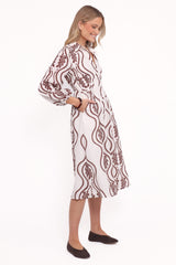 Lira Long Sleeve Midi Dress - Brown Print