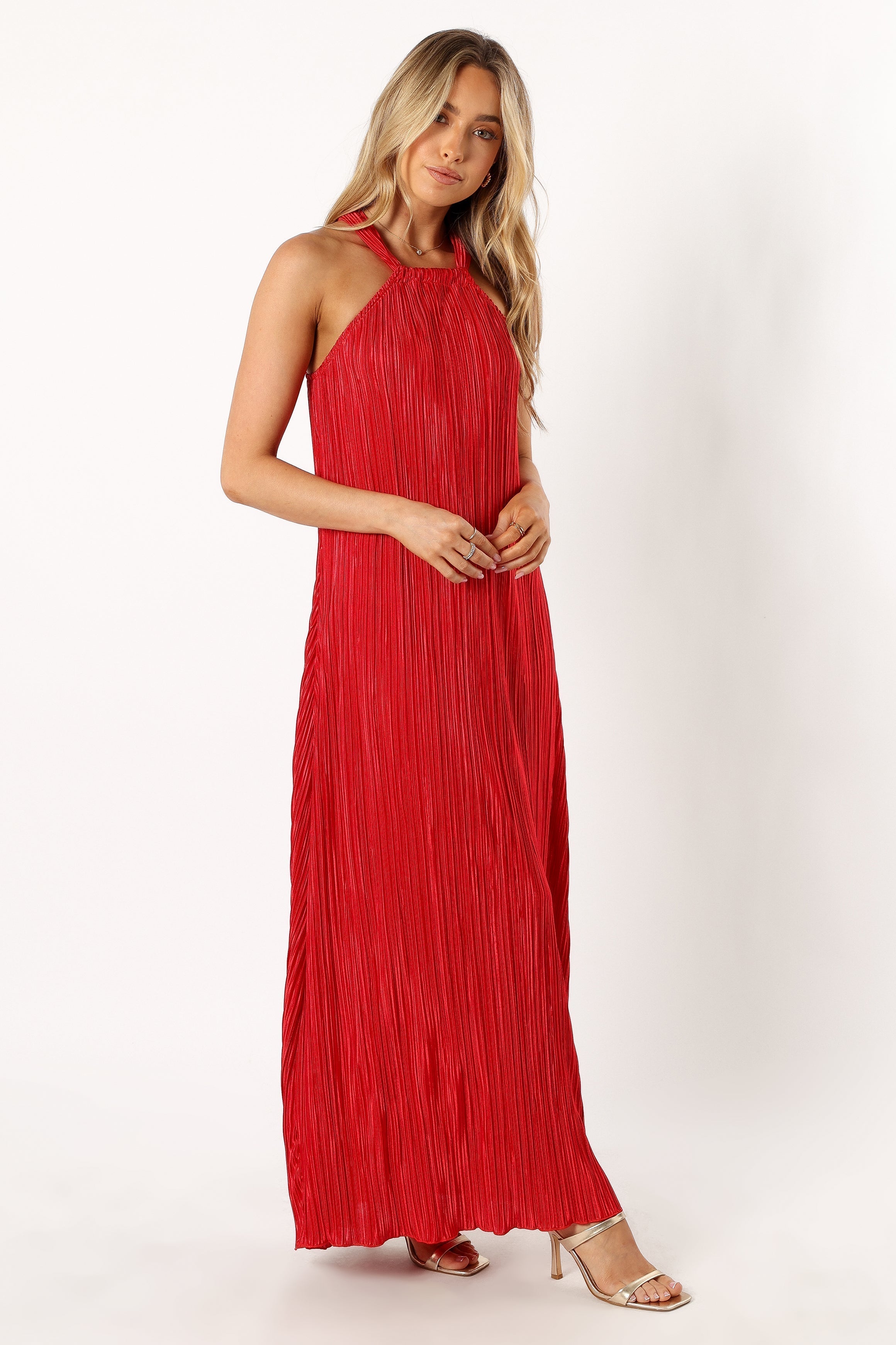 Melody Plisse Halter Maxi Dress - Red