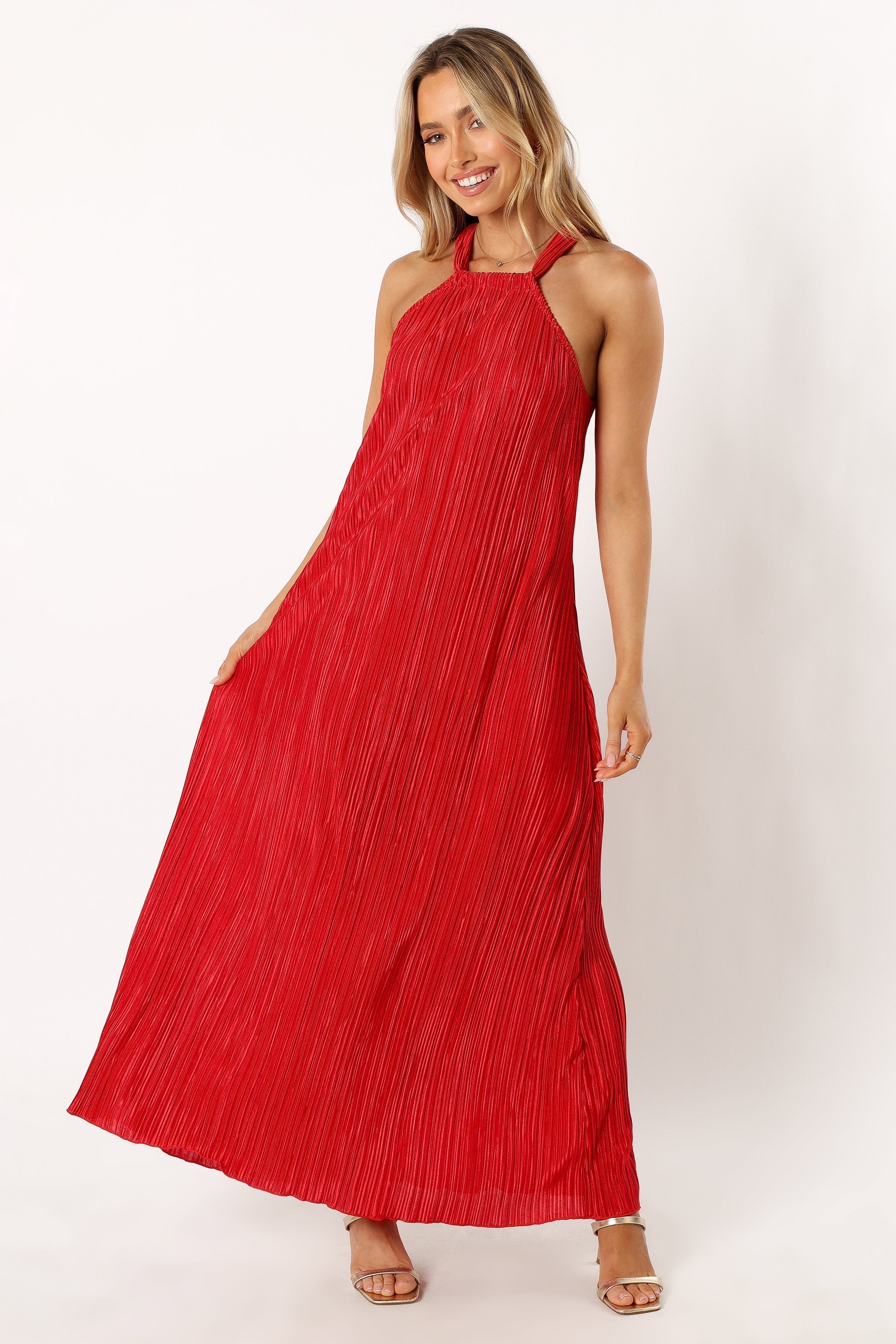 Melody Plisse Halter Maxi Dress - Red