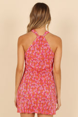 Melody Plisse Halter Mini Dress - Hot Pink