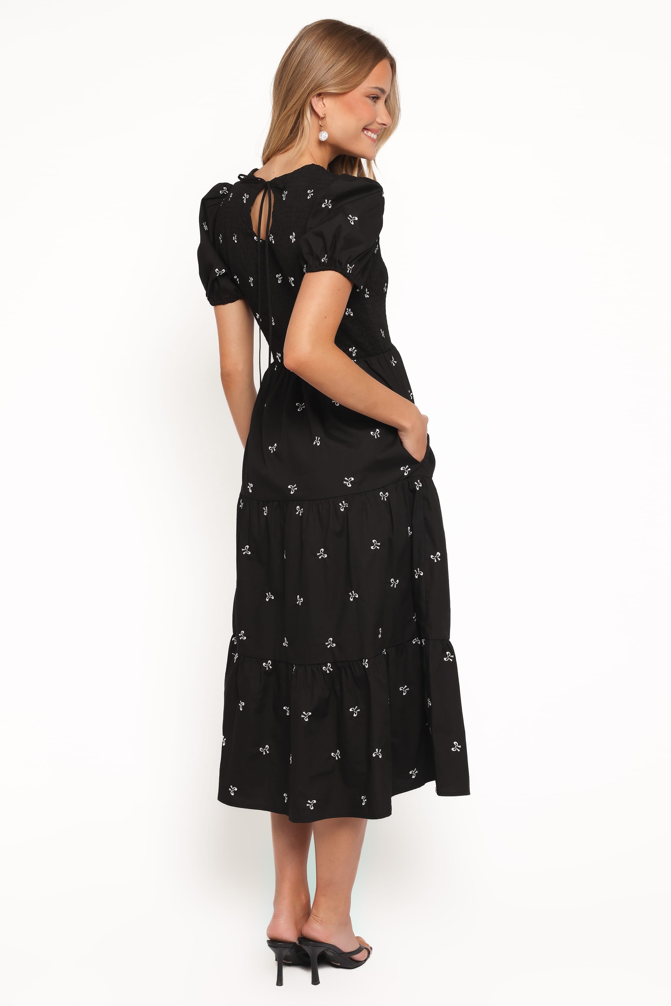 Naura Shirred Tiered Midi Dress - Black Bow