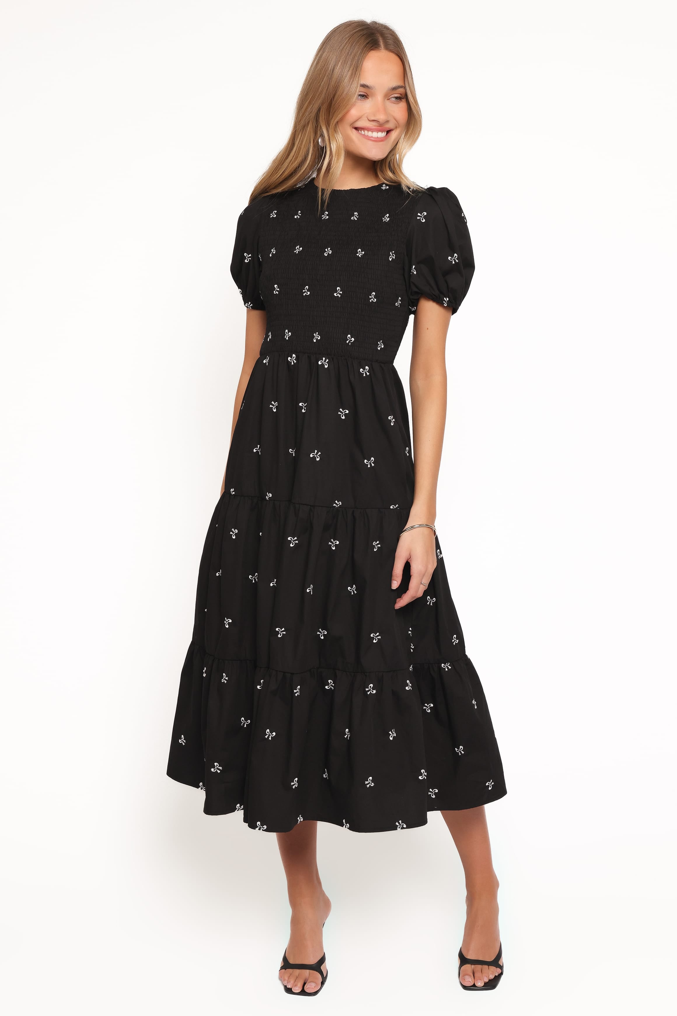 Naura Shirred Tiered Midi Dress - Black Bow