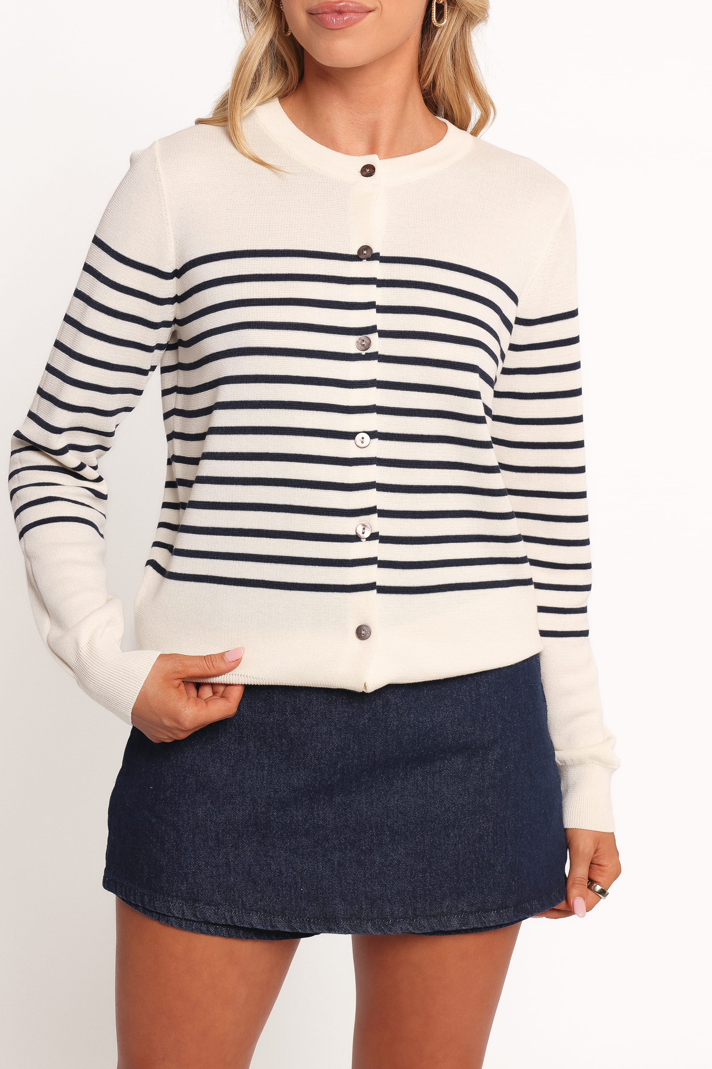 Gavi Button Front Striped Cardigan - Off White/Navy