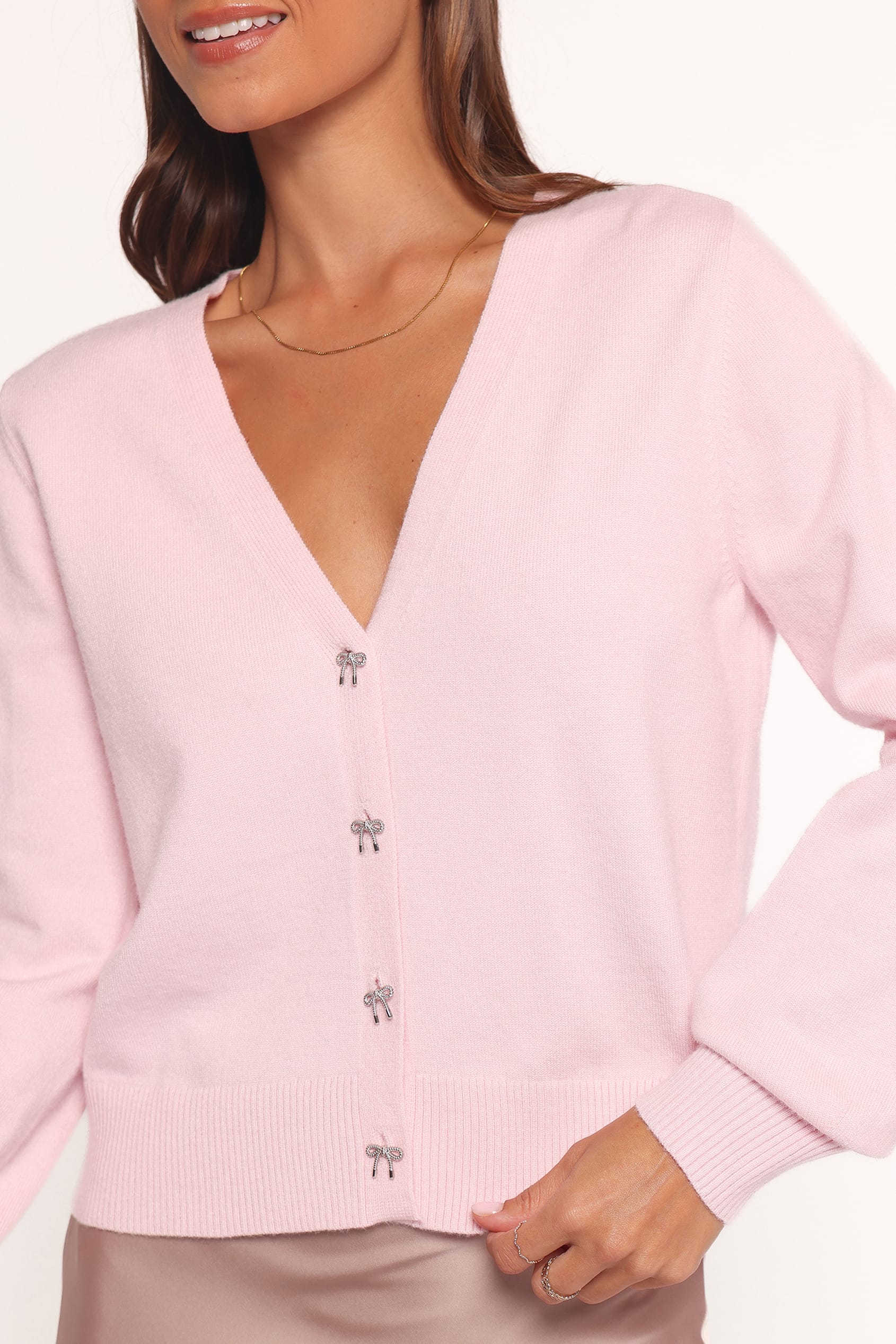 Josey Bow Button Cardigan - Light Pink