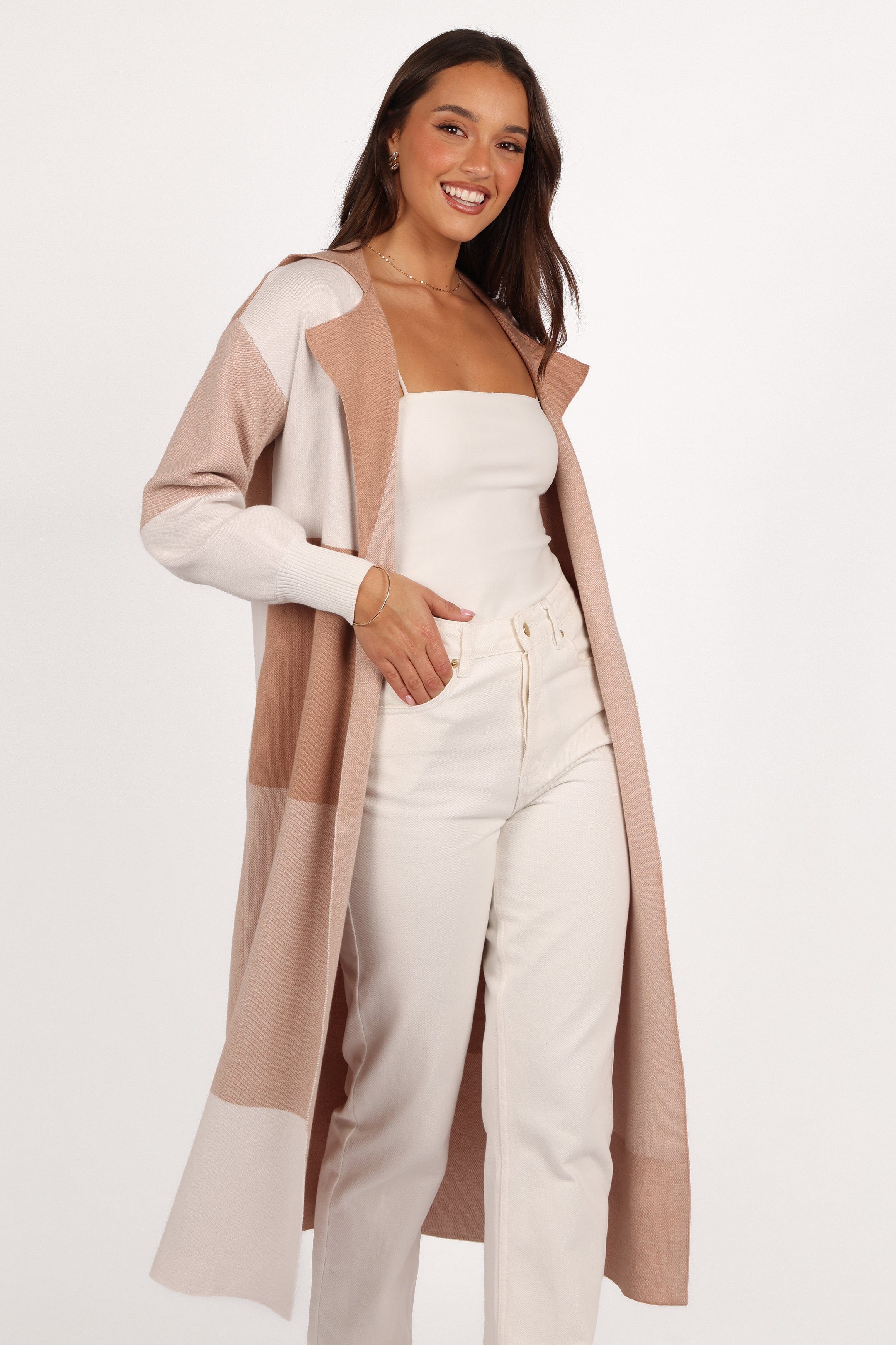 Kingston Large Check Long Cardigan - Beige Check