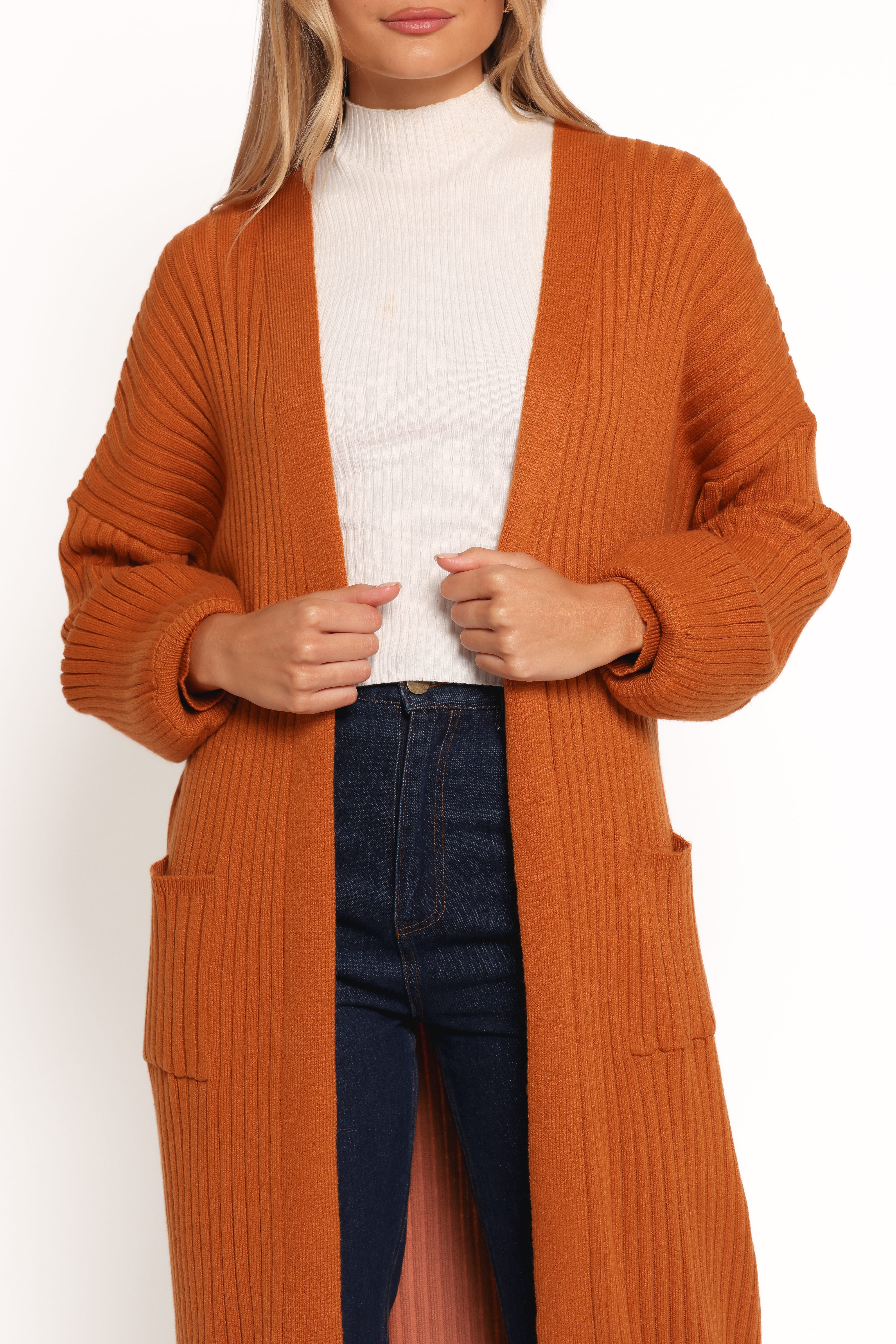 Makenna Long Open Front Cardigan - Rust