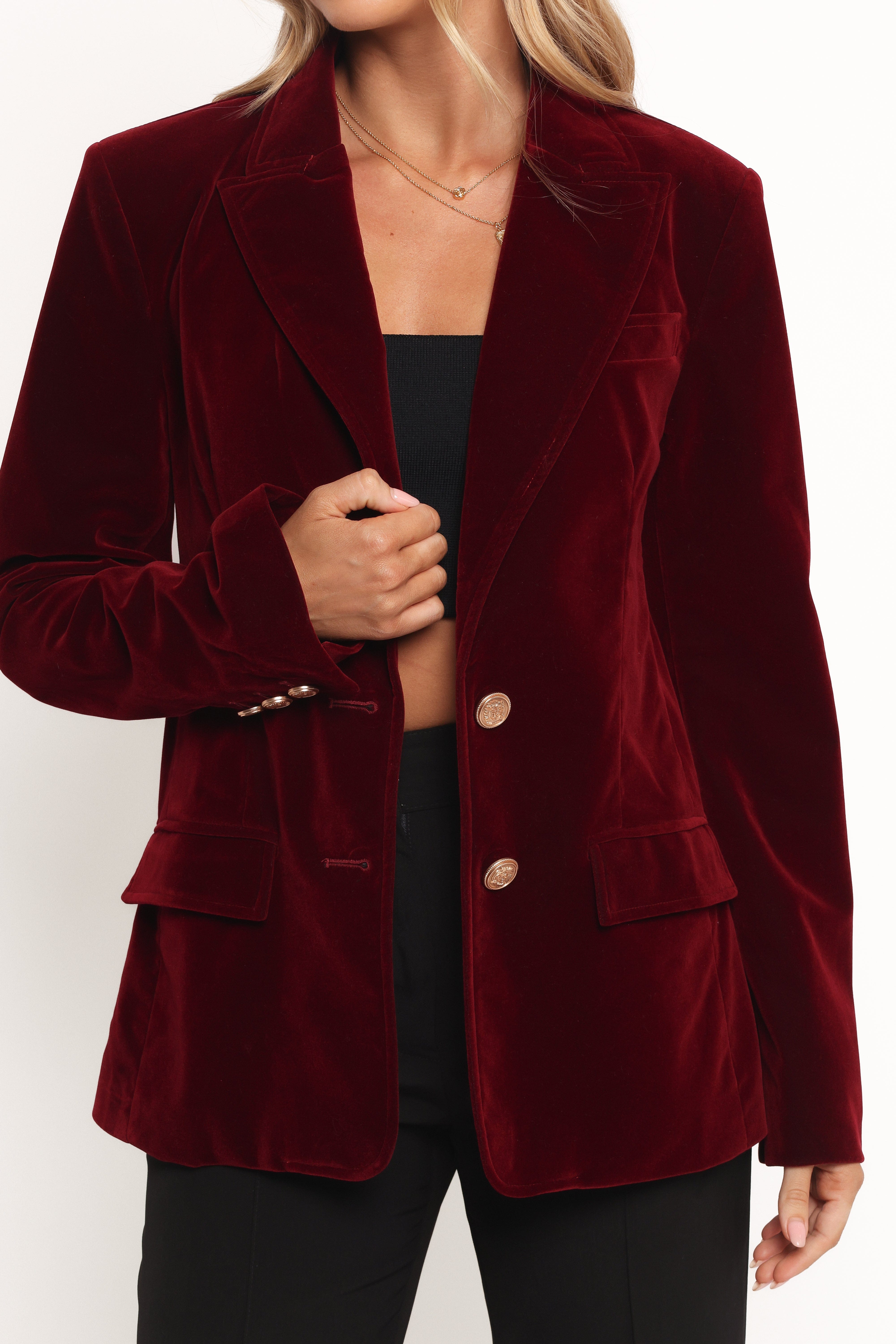 Zpya Single Button Velvet Blazer - Berry