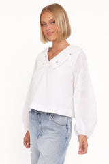 Kenna Embroidered Long Sleeve Top - White Floral